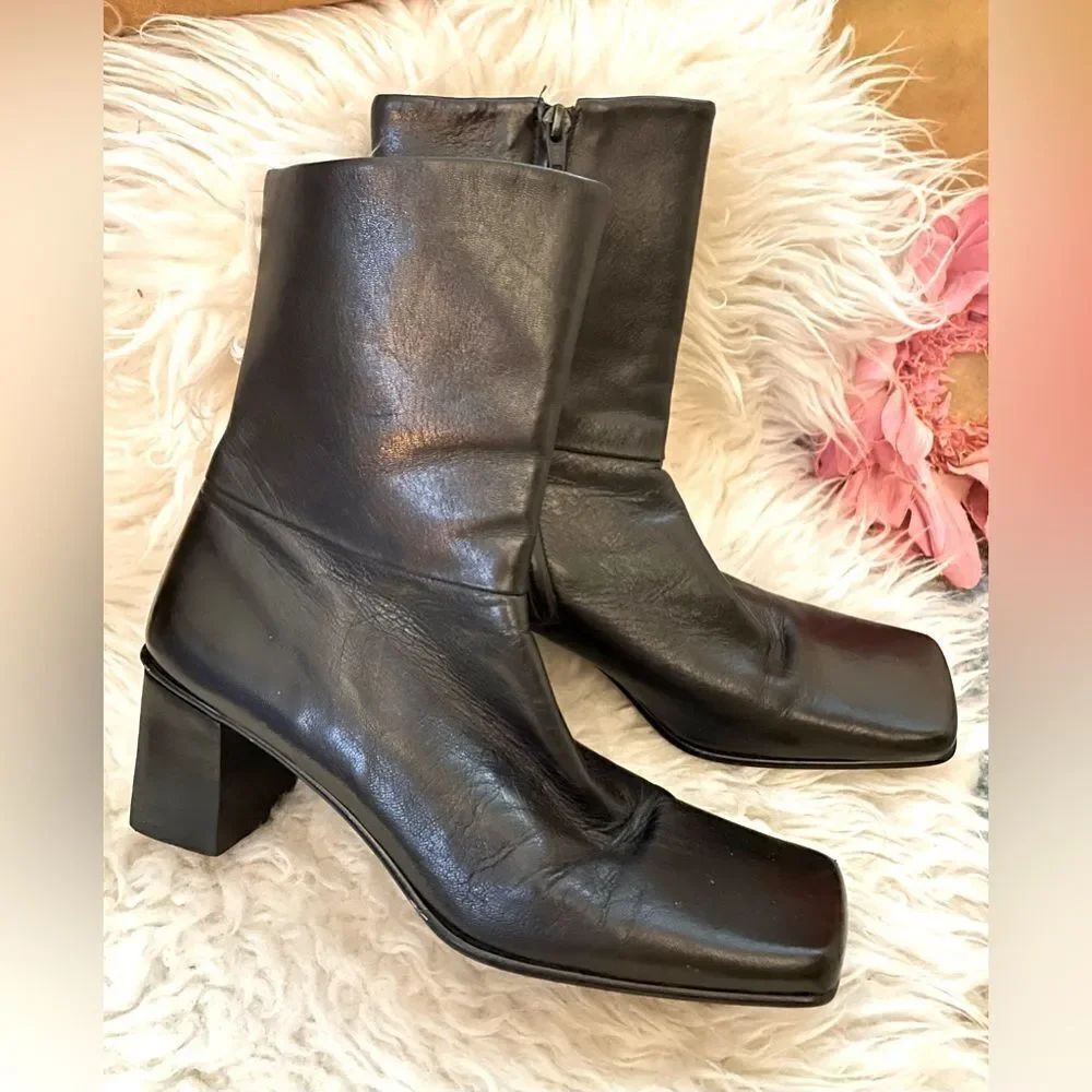 90s Etienne Aigner Impact Ankle Boots Square Toe Black Leather 8.5 N
